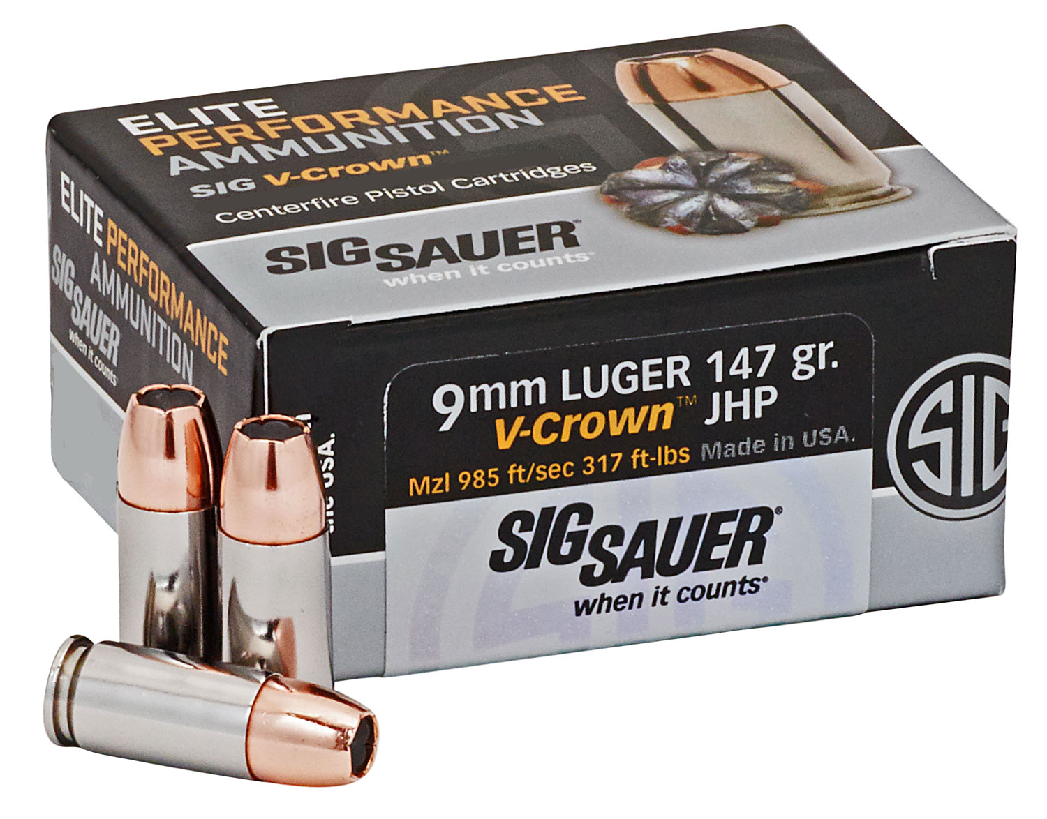 Sig Sauer E9MMA350 Elite V-Crown 9mm Luger 147 gr Jacketed Hollow Point (JHP) 50 RD Box