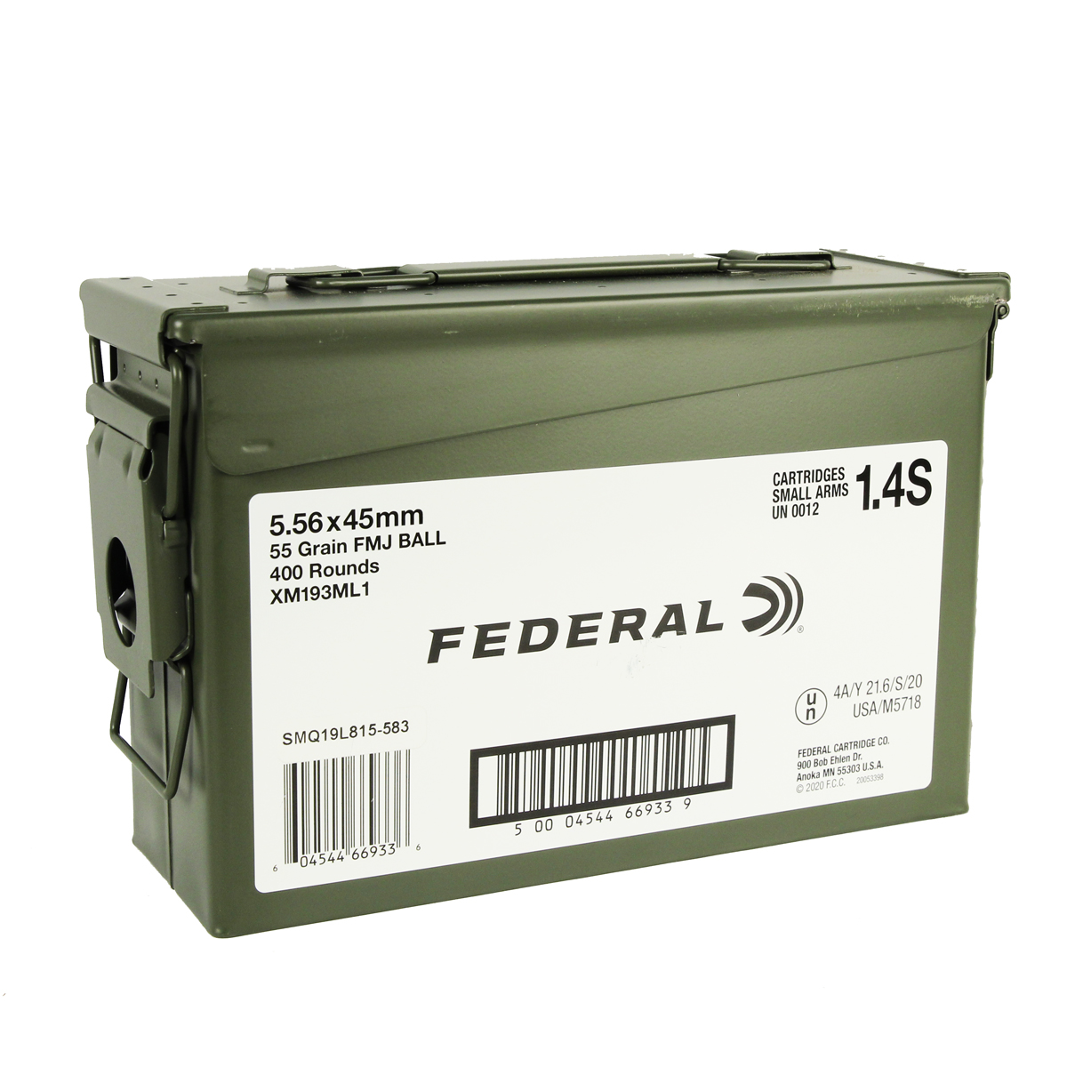 Federal XM193 5.56 55GR. FMJ - 400 Round Case XM193ML1