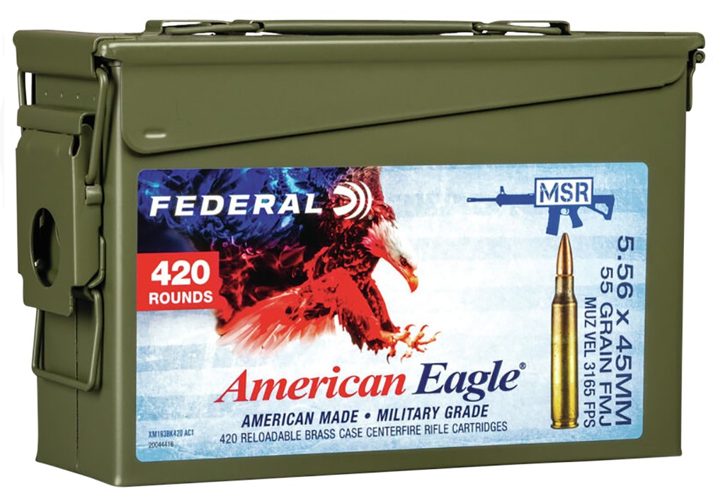 Federal XM193BK420AC1X American Eagle 5.56x45mm NATO 55 gr Full Metal Jacket Boat-Tail (FMJBT) 420 Bx/ 1 Cs Ammo Can